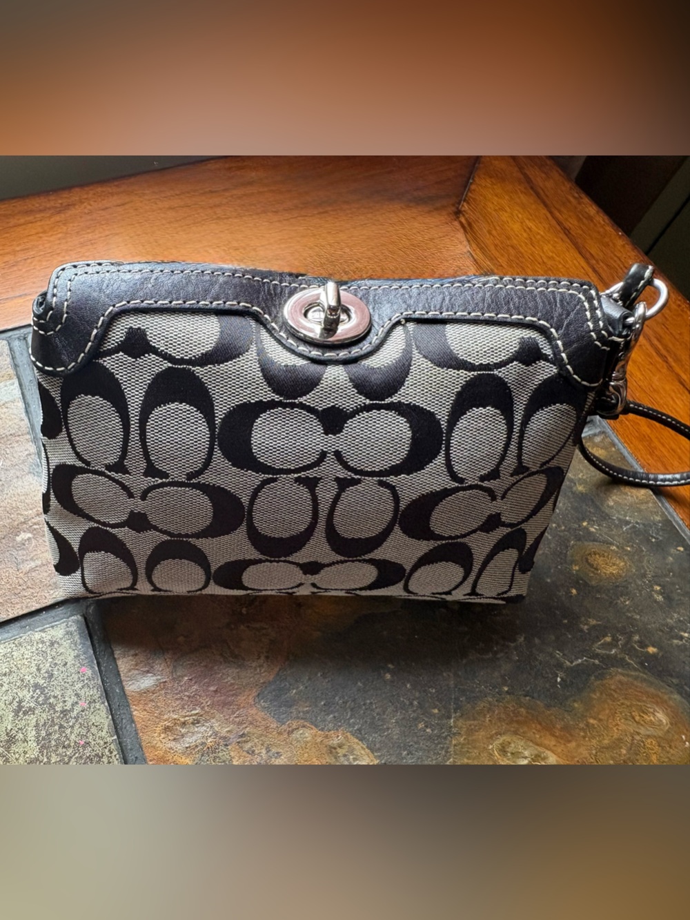 Coach Black & Gray Signature Turnlock Wristlet